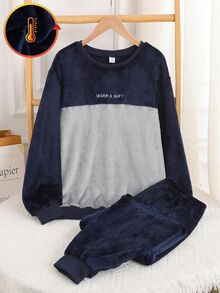 Teen Boys' New Popular Double-Sided Flannel Minimalist English Embroidery Patchwork Contrast Color Long Sleeve Top And Solid Color Long Pants 2-Piece Set - Navy Blue - View 5