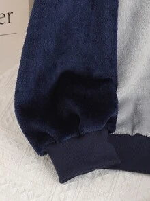 Teen Boys' New Popular Double-Sided Flannel Minimalist English Embroidery Patchwork Contrast Color Long Sleeve Top And Solid Color Long Pants 2-Piece Set - Navy Blue - View 9