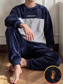 Teen Boys' New Popular Double-Sided Flannel Minimalist English Embroidery Patchwork Contrast Color Long Sleeve Top And Solid Color Long Pants 2-Piece Set - Navy Blue - View 2