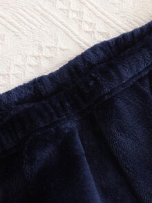 Teen Boys' New Popular Double-Sided Flannel Minimalist English Embroidery Patchwork Contrast Color Long Sleeve Top And Solid Color Long Pants 2-Piece Set - Navy Blue - View 8