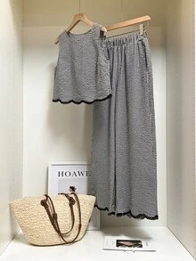 Muvela Women's Casual Plaid Round Neck Sleeveless Top And Wide Leg Pants 2 Pieces Set, Summer Vacation Black Gingham - Black and White - View 4