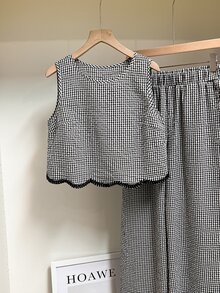 Muvela Women's Casual Plaid Round Neck Sleeveless Top And Wide Leg Pants 2 Pieces Set, Summer Vacation Black Gingham - Black and White - View 7