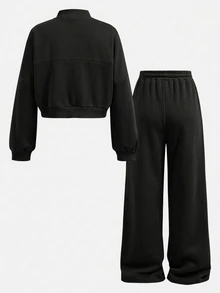 SHEIN 青少年女孩秋季兩件套 長袖拉鍊連帽外套 + 寬腿運動長褲 休閒套裝，適合日常穿著、街頭風格、舒適 - 黑色 - 查看 2