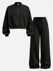 SHEIN 青少年女孩秋季兩件套 長袖拉鍊連帽外套 + 寬腿運動長褲 休閒套裝，適合日常穿著、街頭風格、舒適 - 黑色 - 查看 3