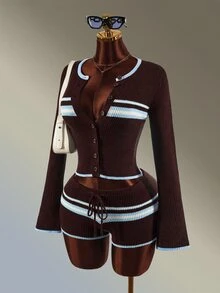 Amplova Women's Colorblock Brown Striped Cardigan Knitted Shorts Sports Set Winter Autumn Daily Wear Long Sleeve Jacket Casual Fashion Athletic Gym Modest - Brown - View 7