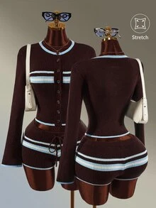 Amplova Women's Colorblock Brown Striped Cardigan Knitted Shorts Sports Set Winter Autumn Daily Wear Long Sleeve Jacket Casual Fashion Athletic Gym Modest - Brown - View 9