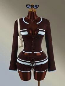 Amplova Women's Colorblock Brown Striped Cardigan Knitted Shorts Sports Set Winter Autumn Daily Wear Long Sleeve Jacket Casual Fashion Athletic Gym Modest - Brown - View 8