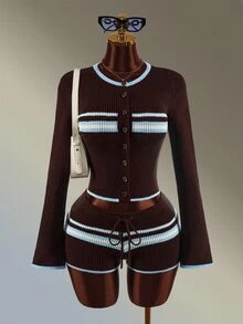 Amplova Women's Colorblock Brown Striped Cardigan Knitted Shorts Sports Set Winter Autumn Daily Wear Long Sleeve Jacket Casual Fashion Athletic Gym Modest - Brown - View 4