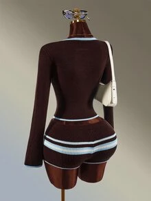 Amplova Women's Colorblock Brown Striped Cardigan Knitted Shorts Sports Set Winter Autumn Daily Wear Long Sleeve Jacket Casual Fashion Athletic Gym Modest - Brown - View 3
