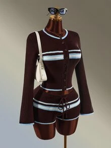 Amplova Women's Colorblock Brown Striped Cardigan Knitted Shorts Sports Set Winter Autumn Daily Wear Long Sleeve Jacket Casual Fashion Athletic Gym Modest - Brown - View 5
