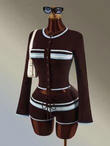 Amplova Women's Colorblock Brown Striped Cardigan Knitted Shorts Sports Set Winter Autumn Daily Wear Long Sleeve Jacket Casual Fashion Athletic Gym Modest - Brown - View 10