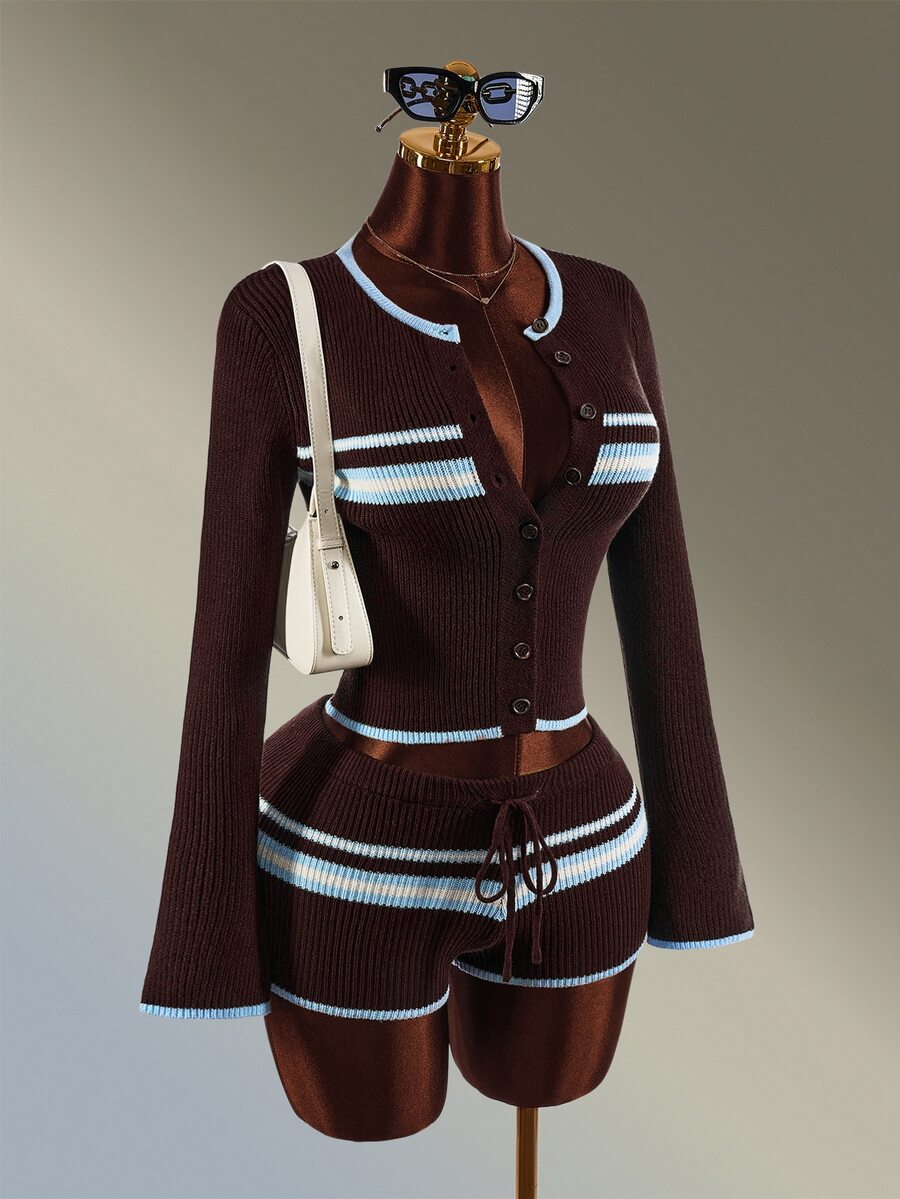 Amplova Women's Colorblock Brown Striped Cardigan Knitted Shorts Sports Set Winter Autumn Daily Wear Long Sleeve Jacket Casual Fashion Athletic Gym Modest