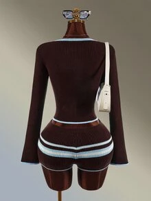 Amplova Women's Colorblock Brown Striped Cardigan Knitted Shorts Sports Set Winter Autumn Daily Wear Long Sleeve Jacket Casual Fashion Athletic Gym Modest - Brown - View 11