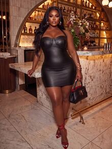Slaydiva Plus Size Women's Solid Color Halter Neck Fitted Sexy Mini Dress - Black - View 3
