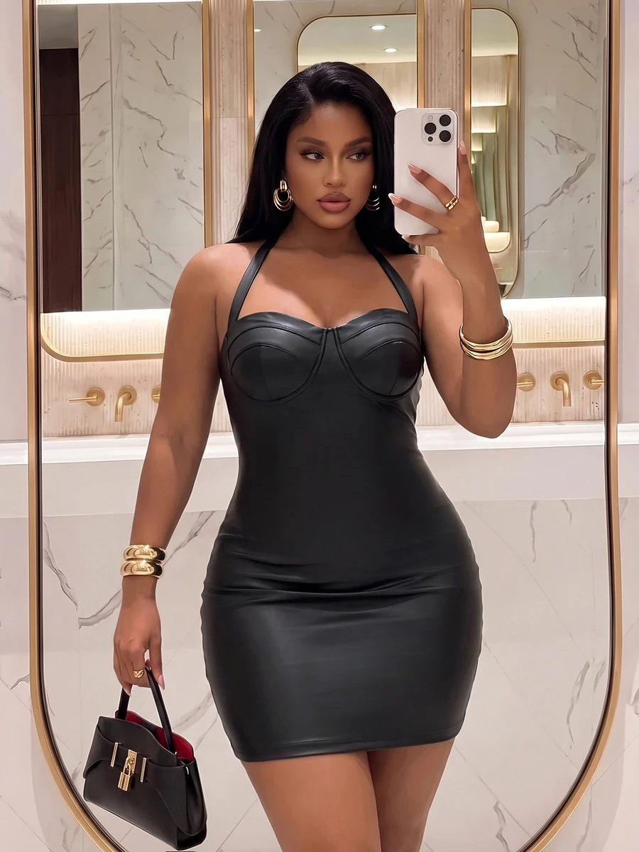 Slaydiva Plus Size Women's Solid Color Halter Neck Fitted Sexy Mini Dress - Black - View 1