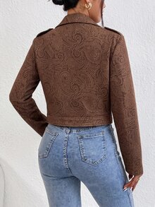 SHEIN Holidaya 女款時尚腰果花印花短版不對稱拉鍊翻領夾克，適合街頭穿搭、通勤、約會、休閒穿著 - 棕色 - 查看 2