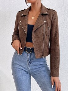 SHEIN Holidaya 女款時尚腰果花印花短版不對稱拉鍊翻領夾克，適合街頭穿搭、通勤、約會、休閒穿著 - 棕色 - 查看 6