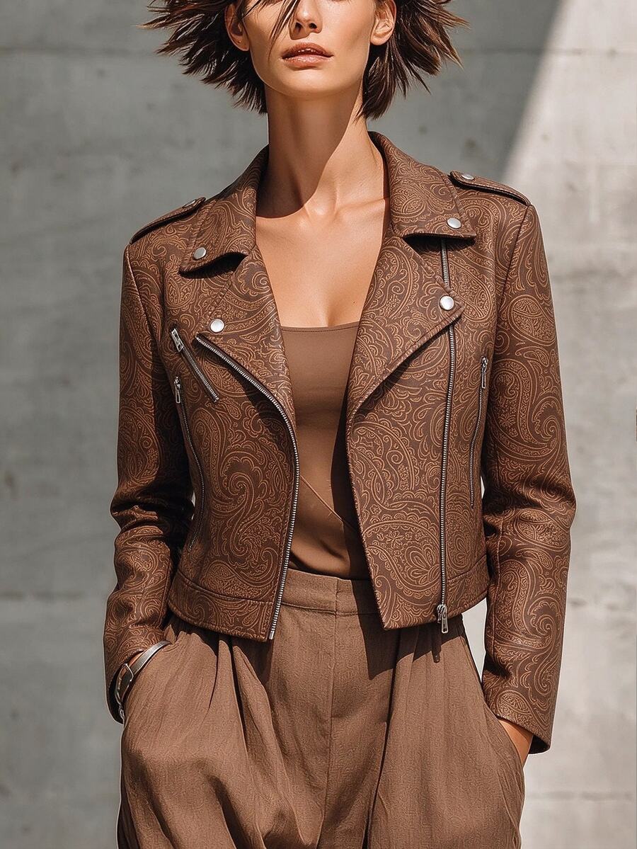 SHEIN Holidaya Women's Fall/Winter Commute Retro Brown Allover Pattern Lapel Jacket, Diagonal Zip Crop Moto Coat,Chic Occasion Wear For Daily Commute Party Going Out - Brown - View 1