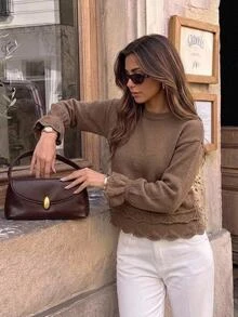 Muvela Sweater Wanita Cokelat dengan Hem Bergelombang, Rajutan Terbuka Pointelle, Lengan Lonceng, Manset Melebar, Kerah Bulat Bergaris, Bahu Jatuh, Potongan Longgar, Pullover Elegan, Pakaian Rajut Musim Gugur/Dingin - Coklat - View 9