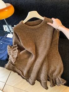 Muvela Sweater Wanita Cokelat dengan Hem Bergelombang, Rajutan Terbuka Pointelle, Lengan Lonceng, Manset Melebar, Kerah Bulat Bergaris, Bahu Jatuh, Potongan Longgar, Pullover Elegan, Pakaian Rajut Musim Gugur/Dingin - Coklat - View 1