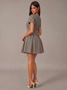 Radiana 女款夏季優雅學院風千鳥格前扣收腰迷你洋裝，適合返校、辦公室、早午餐，黑白配色 - 棕色 - 查看 3