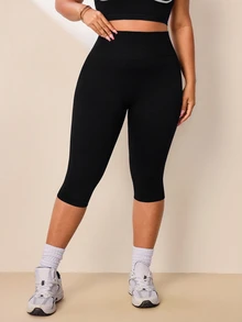 SHEIN Rhythm Era 大码女式纯色高腰休闲修身夏季运动短裤 - 黑色 - 查看 3