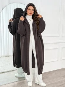 Easowa Curve Plus Size Women's Solid Color Casual Versatile Hooded Jacket - Brown - View 6