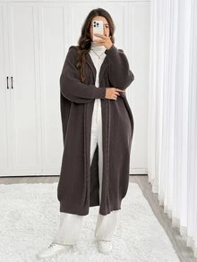 Easowa Curve Plus Size Women's Solid Color Casual Versatile Hooded Jacket - Brown - View 5