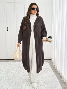 Easowa Curve Plus Size Women's Solid Color Casual Versatile Hooded Jacket - Brown - View 1