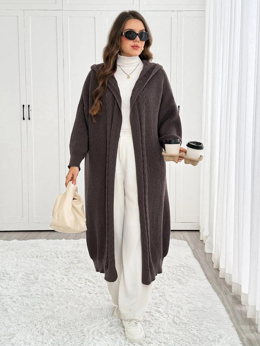 Easowa Curve Plus Size Women's Solid Color Casual Versatile Hooded Jacket - Brown - View 1