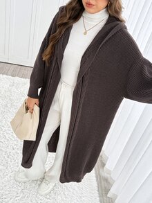 Easowa Curve Plus Size Women's Solid Color Casual Versatile Hooded Jacket - Brown - View 3