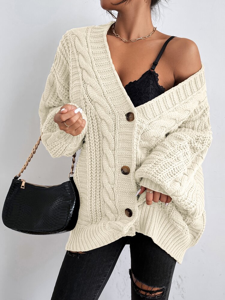 SHEIN Women's Beige Oversized Cable Knit Cardigan,Autumn Everyday Casual Button Front V Neck Bishop Sleeve Solid Plain Long Sleeve Tops - Beige - View 4