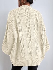 SHEIN 纯色纽扣前绞花针织开衫，女士深秋休闲纽扣主教袖 V 领超大米色纯色女士开衫，休闲日常装，长袖上衣 - 米色 - 查看 2