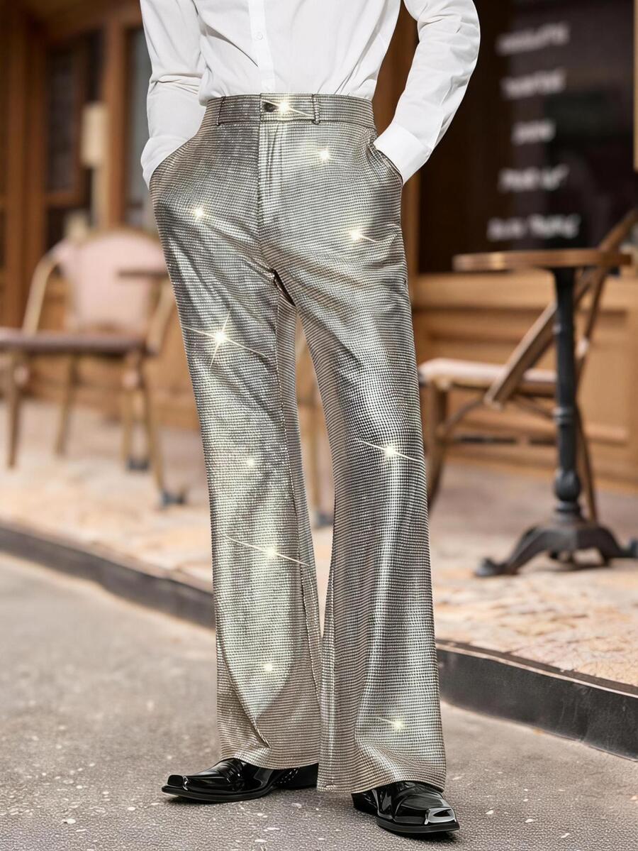Mainfolk Men's Casual Gold Foil Button Pocket Trousers, Elegant Evening Wear - Apricot - View 1