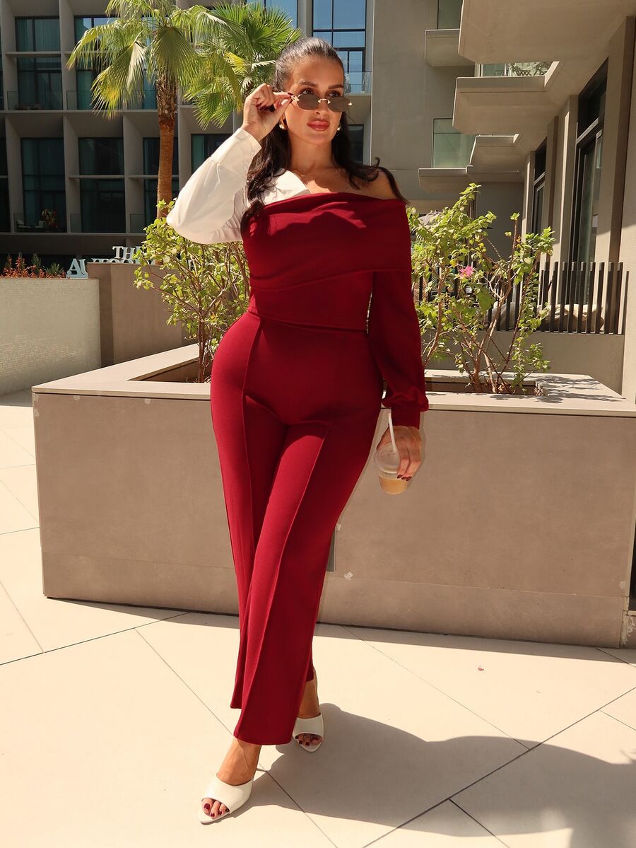 MDEdit 2pcs/Set V-Neck Contrast Color Patchwork Top And Straight Leg Pants, Casual Autumn/Winter - Burgundy - View 1