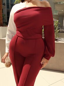 MDEdit 2pcs/Set V-Neck Contrast Color Patchwork Top And Straight Leg Pants, Casual Autumn/Winter - Burgundy - View 4