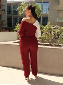 MDEdit 2pcs/Set V-Neck Contrast Color Patchwork Top And Straight Leg Pants, Casual Autumn/Winter - Burgundy - View 2