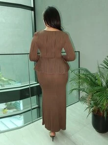 MDEdit Women's Coffee Brown Textured V-Neck Button Decor Waist Ruffle Hem Elegant Top And Bodycon Fishtail Skirt 2-Piece Set - Coffee Brown - View 2