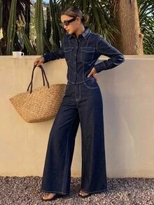 DAZY Women's 2pcs Denim Outfit With Stitching Decor, Fitted Waist Long Sleeve Denim Shirt And Straight Leg Jeans, Casual Vacation Spring/Autumn Set - Blue - View 11