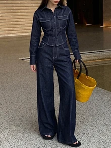 DAZY Women's 2pcs Denim Outfit With Stitching Decor, Fitted Waist Long Sleeve Denim Shirt And Straight Leg Jeans, Casual Vacation Spring/Autumn Set - Blue - View 10