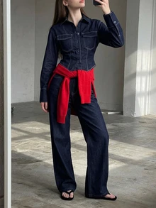 DAZY Women's 2pcs Denim Outfit With Stitching Decor, Fitted Waist Long Sleeve Denim Shirt And Straight Leg Jeans, Casual Vacation Spring/Autumn Set - Blue - View 7