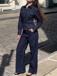 DAZY Women's 2pcs Denim Outfit With Stitching Decor, Fitted Waist Long Sleeve Denim Shirt And Straight Leg Jeans, Casual Vacation Spring/Autumn Set - Blue - View 2