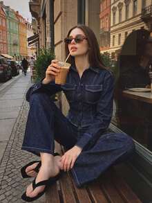 DAZY Women's 2pcs Denim Outfit With Stitching Decor, Fitted Waist Long Sleeve Denim Shirt And Straight Leg Jeans, Casual Vacation Spring/Autumn Set - Blue - View 3