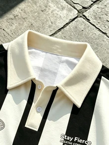 Manfinity EMRG Men's White And Black Summer Vertical Stripe Polo Shirt,Los Angeles Letter Print Short Sleeve Oversized Streetwear Casual Work Soccer Style Top - Multicolor - View 3