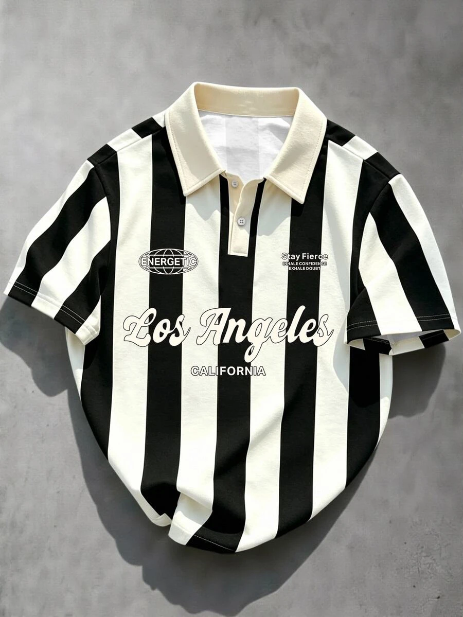 Manfinity EMRG Men's White And Black Summer Vertical Stripe Polo Shirt,Los Angeles Letter Print Short Sleeve Oversized Streetwear Casual Work Soccer Style Top - Multicolor - View 1