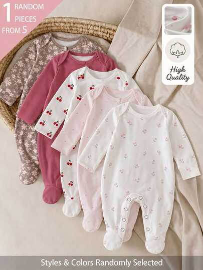 5pcs Randomly Sent 1pc Newborn Baby Girl Jumpsuit Set,Autumn/Winter, Soft Comfortable Thin Jumpsuit, Exquisite Cute Cherry Blossom Floral Print, Home