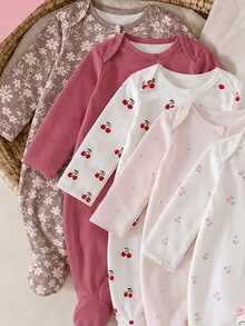 5pcs Randomly Sent 1pc Newborn Baby Girl Jumpsuit Set,Autumn/Winter, Soft Comfortable Thin Jumpsuit, Exquisite Cute Cherry Blossom Floral Print, Home - Multicolor - View 3