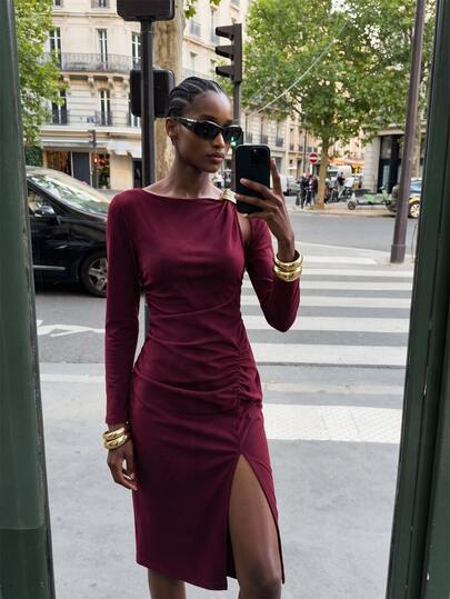 Maija Burgundy Women's Mid-Length Dress, Urban Elegant Metal Buckle Decor, Long Sleeve, Autumn