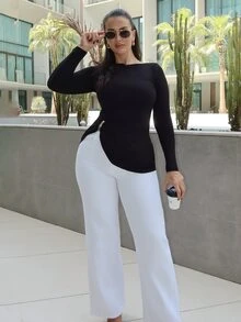 MDEdit 女士纯色船领长袖褶皱修身时尚T恤 - 黑色 - 查看 1