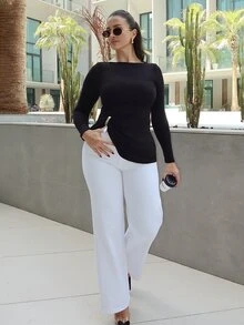 MDEdit 女士纯色船领长袖褶皱修身时尚T恤 - 黑色 - 查看 5